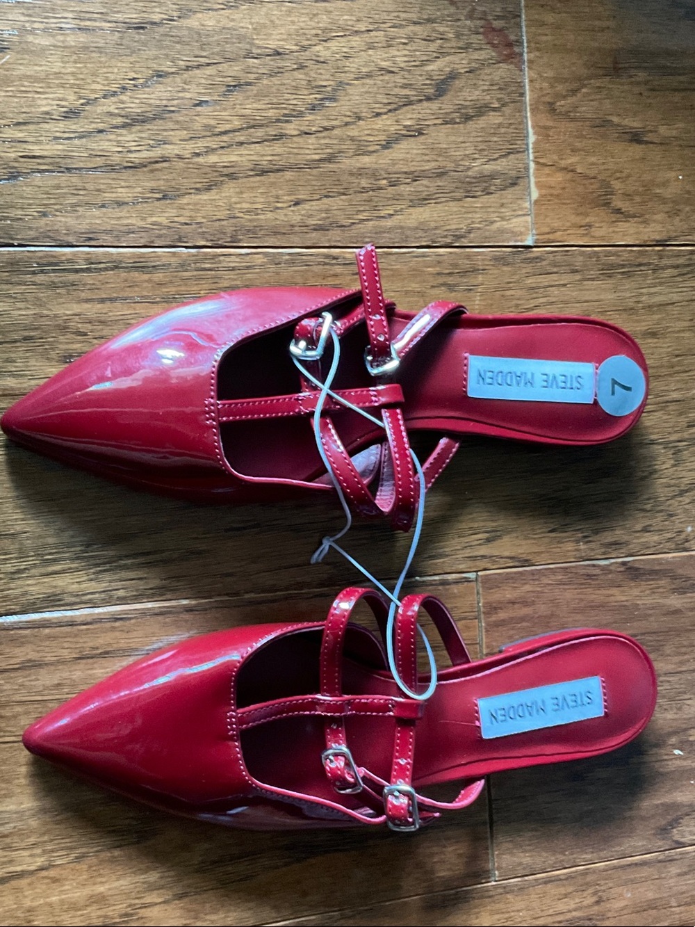 Steve Madden Red Patent Pointed Mules with Buckle Straps